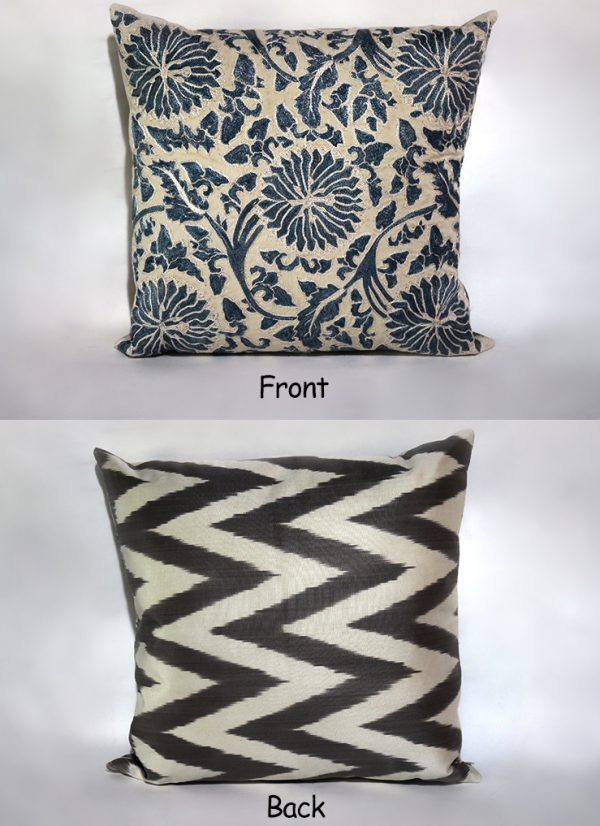 Hand-Stitched Uzbek Silk Suzani with Ikat Back Pillow