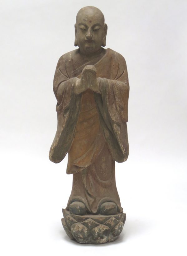 Camphor Wood Hand Carved Painted Praying Monk on Lotus Flower