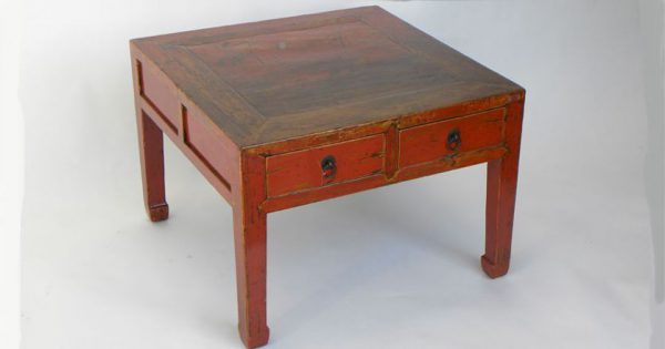 Red Lacquer Low Table W/Two Drawers, China