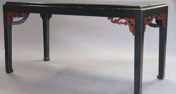 Black Lacquer Dining Table with Carved Red Laquer Apron
