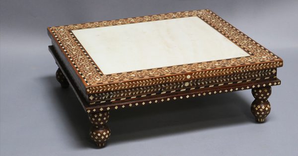Wood and Bone Inlay Low Table with Marble Inset Top