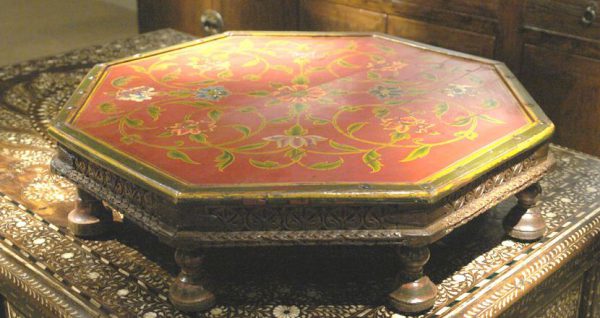 8 Sided Hand Painted Wooden Bajot Low Table from Bikaner, Rajasthan, India, 19th Century.