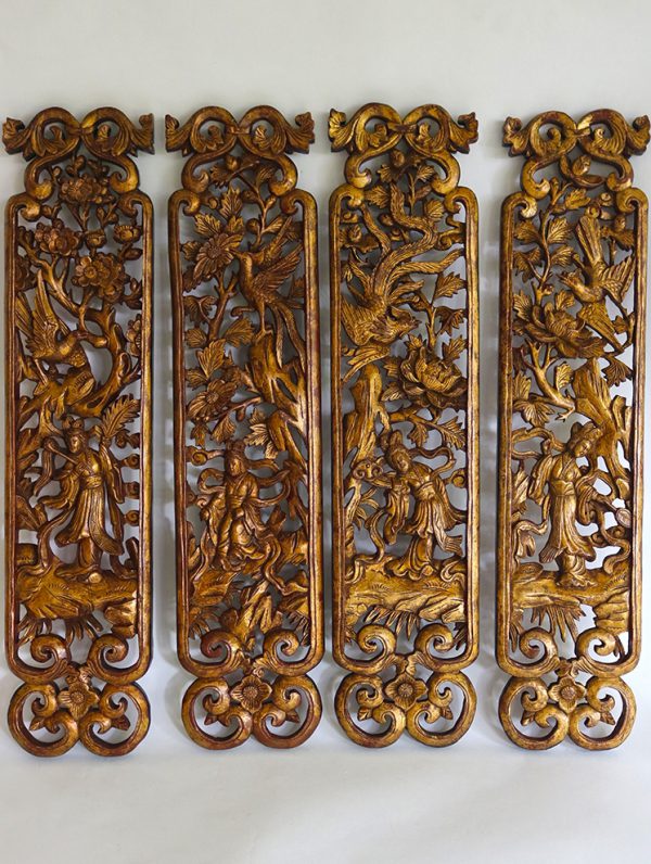 Set of 4 Chinese Gold Teak Carved Wedding Bed Fragments