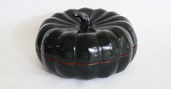 Black Lacquered Bamboo Food Container in the Shape of a Pumpkin