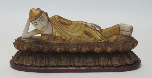 Alabaster Reclining Buddha with Wooden Base
