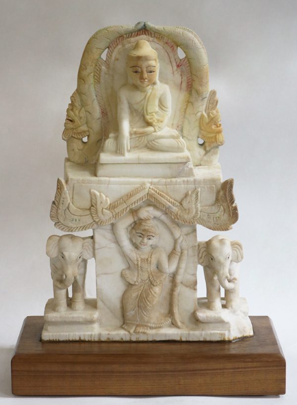 Soapstone Seated Buddha on Throne with Twisted Hair Angel and Elephants
