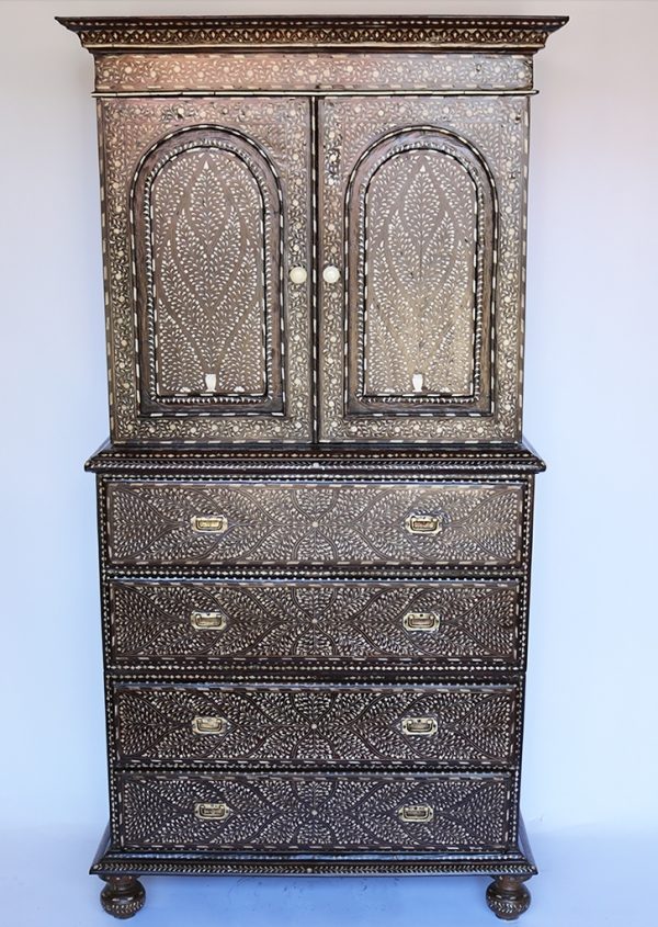 3-Part Teak Wood and Bone Inlay Almirah