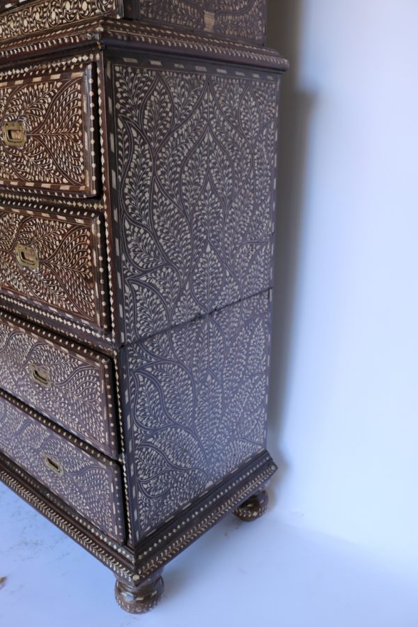 3-Part Teak Wood and Bone Inlay Almirah - Image 9