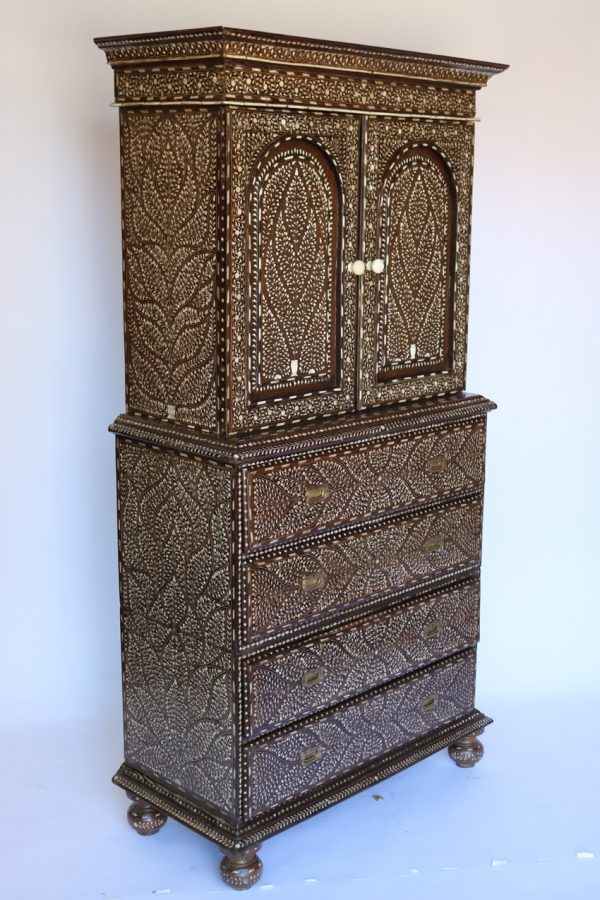 3-Part Teak Wood and Bone Inlay Almirah - Image 10