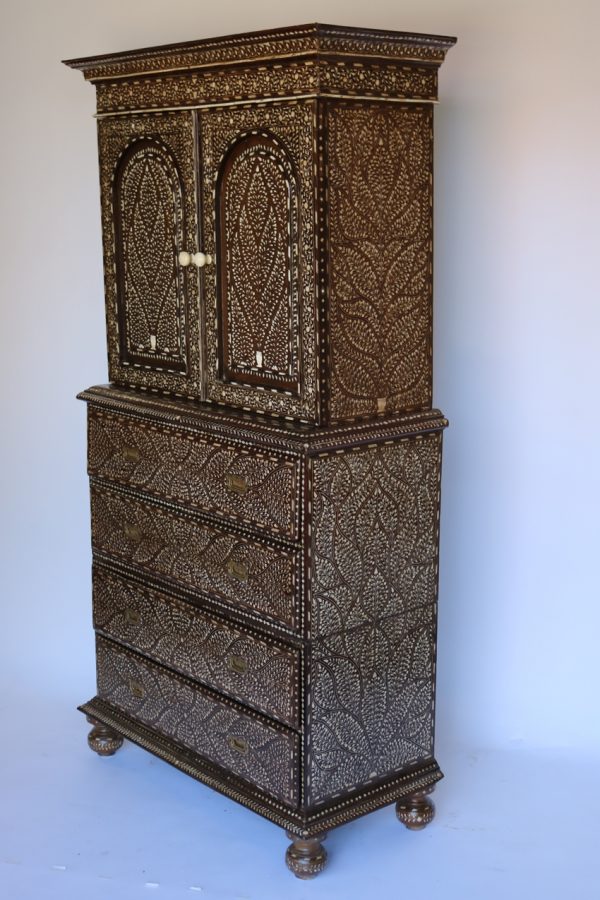 3-Part Teak Wood and Bone Inlay Almirah - Image 11