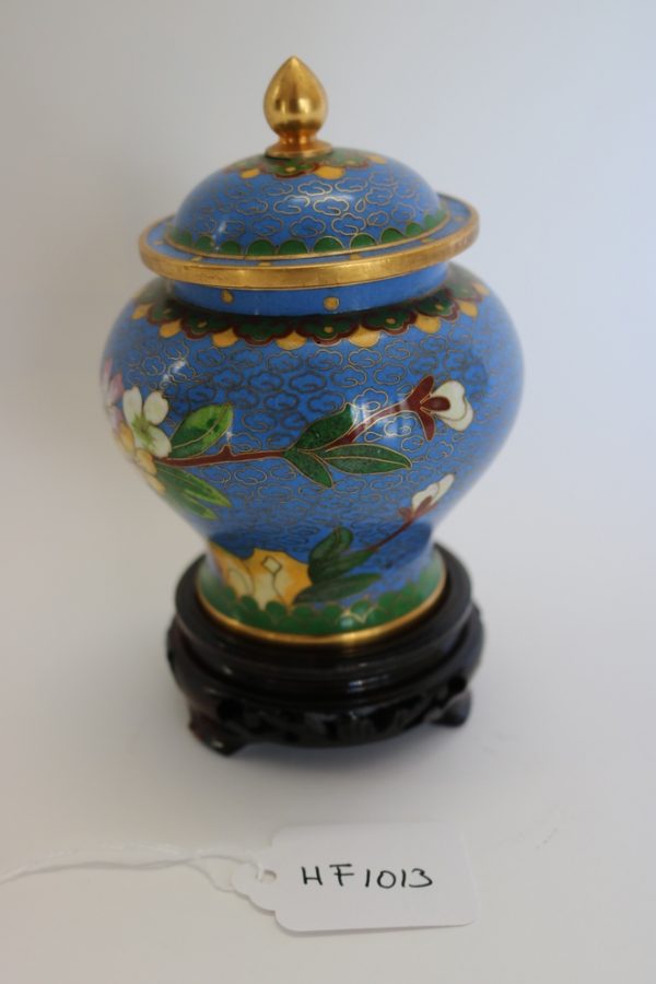 Hand painted cloisonne Jar with wood base from China - Image 5