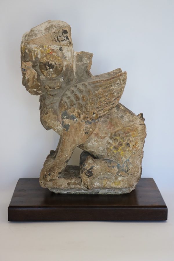 Hand carved stone angel with wood base from India