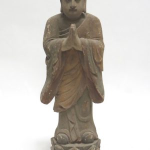 Camphor Wood Hand Carved Painted Praying Monk on Lotus Flower