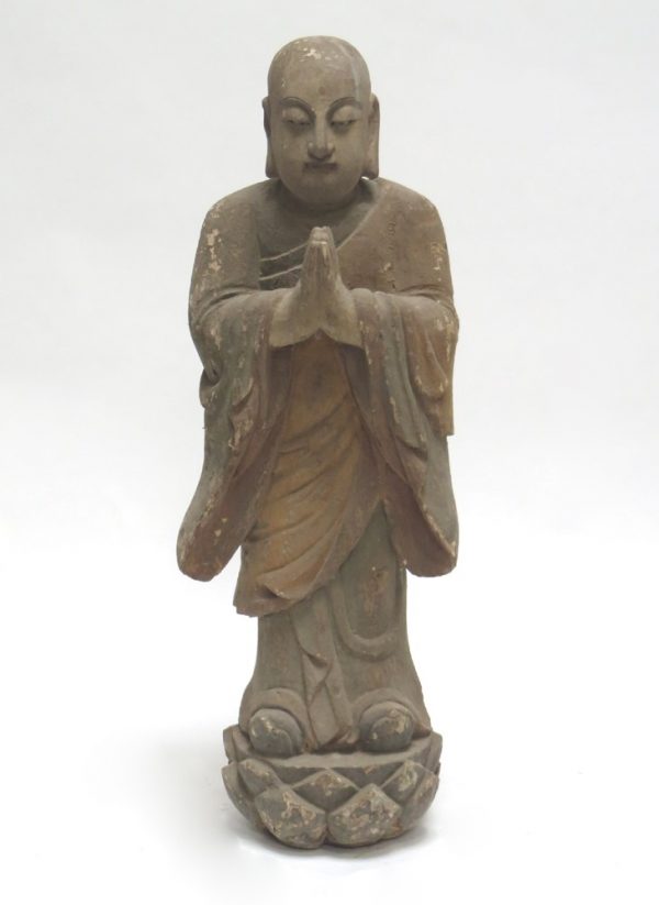 Camphor Wood Hand Carved Painted Praying Monk on Lotus Flower