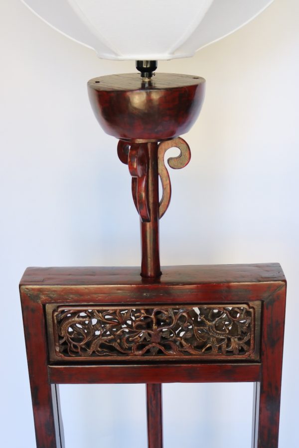 Red Lacquer Elm Wood Candle Stand with Moon Shade - Image 2