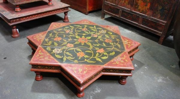 Hand Painted Wooden Bajot Low Table from Bikaner, Rajasthan, India, 19th Century.
